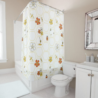 Hand-Drawn Honeycomb and Bumblebee Bathroom Douchegordijn