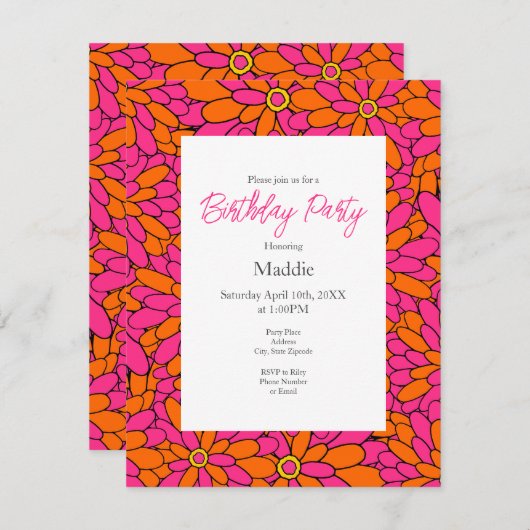 Hand Drawn Hot Pink Oranje Zinnia Abstract Patroon Kaart (Voorkant / Achterkant)