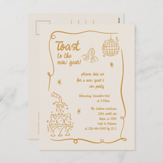 Hand Drawn Illustrated New Years Eve Party Feestdagenkaart (Voorkant / Achterkant)