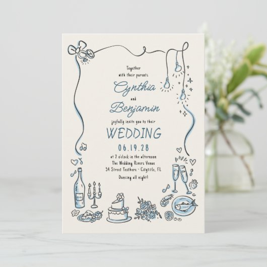 Hand Drawn Illustrations Doodles Whimsical Wedding Kaart (Staand voorkant)