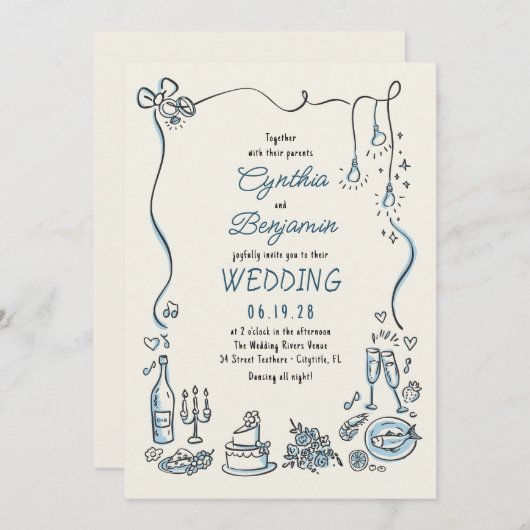 Hand Drawn Illustrations Doodles Whimsical Wedding Kaart (Voorkant / Achterkant)