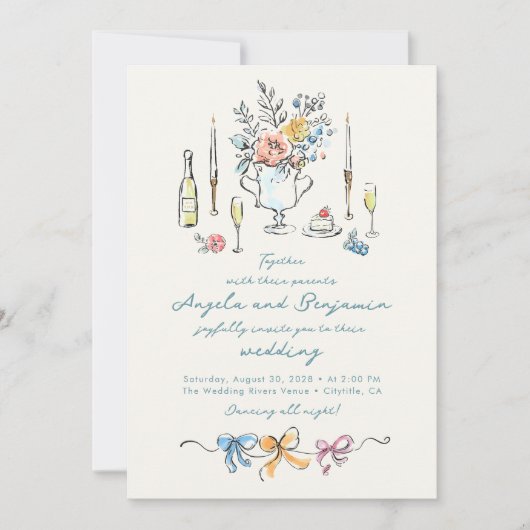 Hand Drawn Illustrations Whimsical French Wedding Kaart (Voorkant)