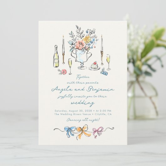 Hand Drawn Illustrations Whimsical French Wedding Kaart (Staand voorkant)