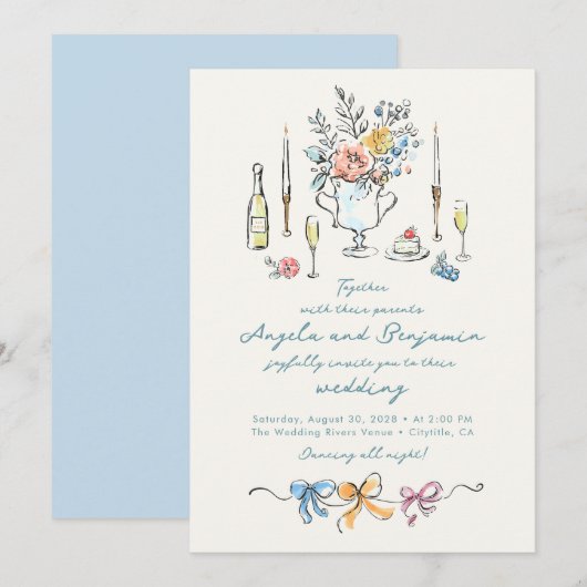 Hand Drawn Illustrations Whimsical French Wedding Kaart (Voorkant / Achterkant)
