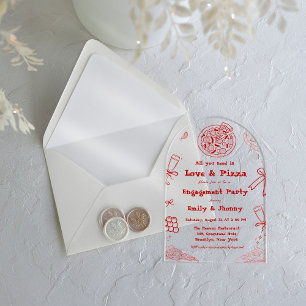 Hand Drawn is liefde en pizza verlovingsfeest Acryl Uitnodigingen