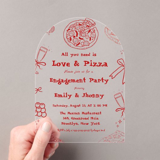 Hand Drawn is liefde en pizza verlovingsfeest Acryl Uitnodigingen (Insitu (Draagbaar))
