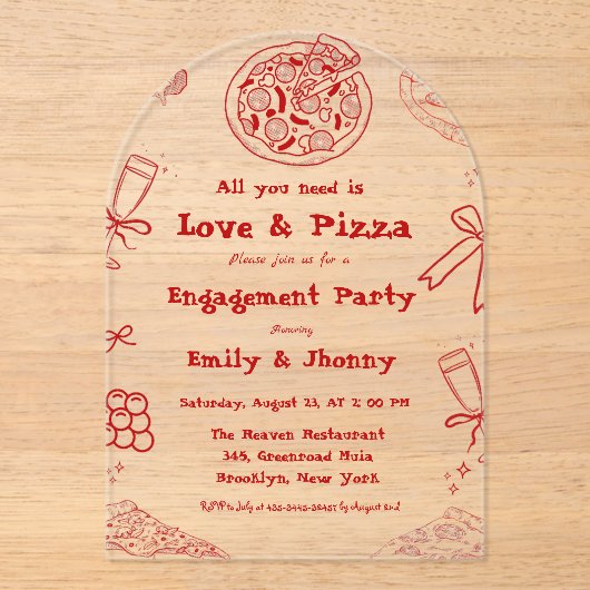 Hand Drawn is liefde en pizza verlovingsfeest Acryl Uitnodigingen (Voorkant)