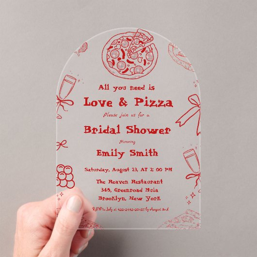 Hand Drawn is liefde & Pizza Vrijgezellenfeest Acryl Uitnodigingen (Insitu (Draagbaar))