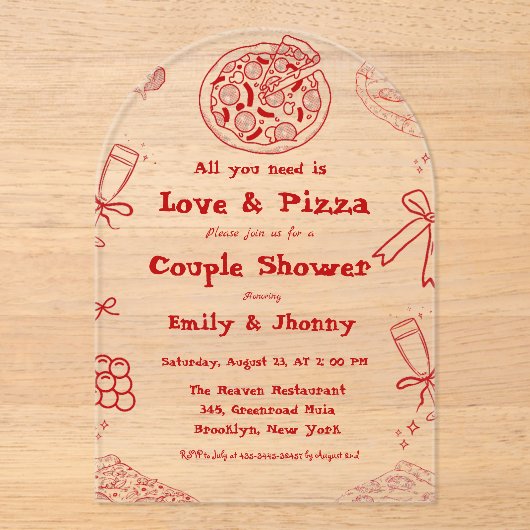 Hand Drawn is liefde & Pizza Vrijgezellenfeest Acryl Uitnodigingen (Voorkant)