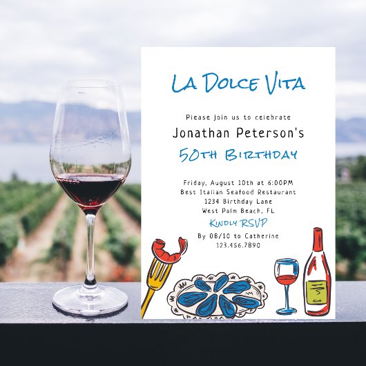 Hand Drawn Italian Seafood Wine 50th Birthday Kaart