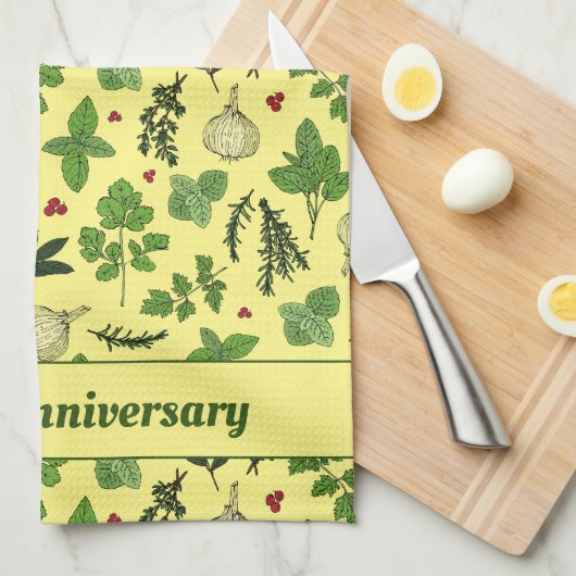 Hand Drawn Kitchen Herbs patterned Cream Theedoek (Quarter Fold)