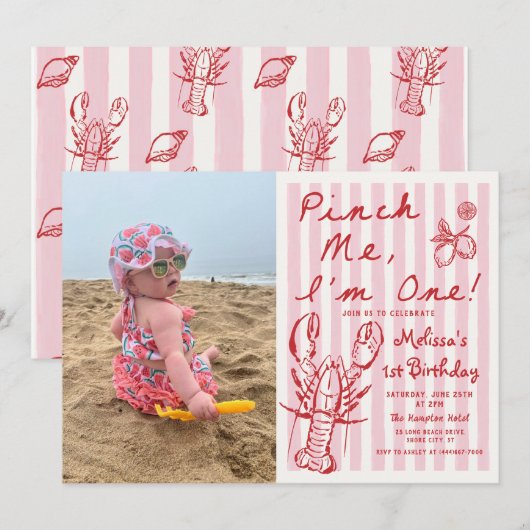 Hand Drawn Lobster 1st Birthday Photo Invitation Kaart (Voorkant / Achterkant)