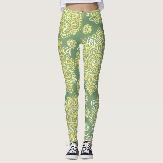 Hand Drawn Mandala Boho Sage Green Leggings (Voorkant)