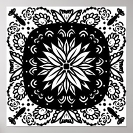 Hand Drawn Mandala Doodle Art Black White Poster