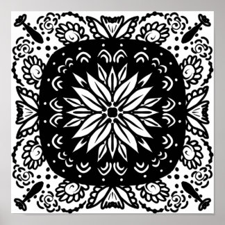 Hand Drawn Mandala Doodle Art Black White Poster