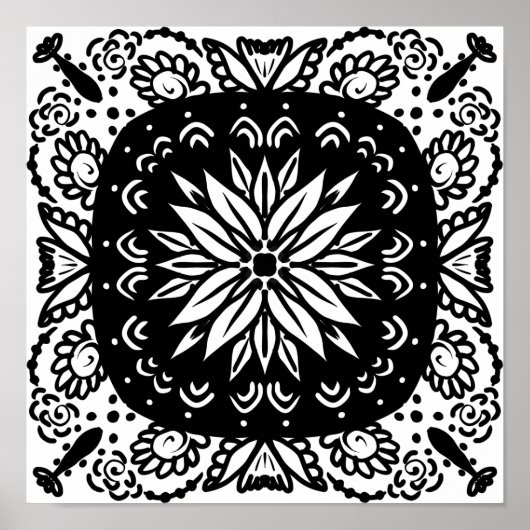 Hand Drawn Mandala Doodle Art Black White Poster (Voorkant)