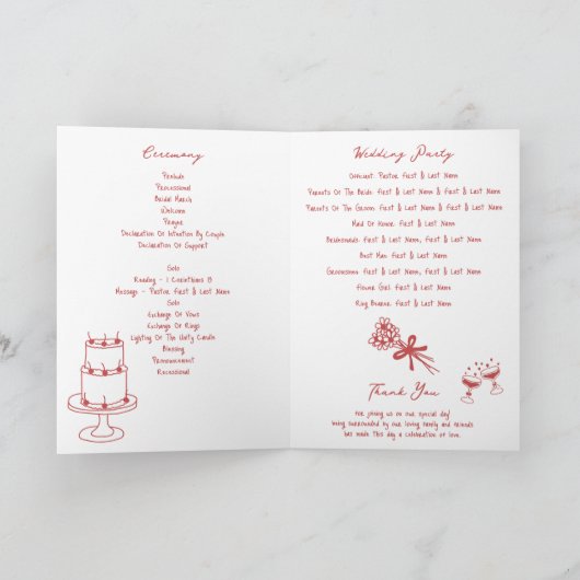 Hand Drawn Maroon Wedding Order of Service Programma (Binnen)