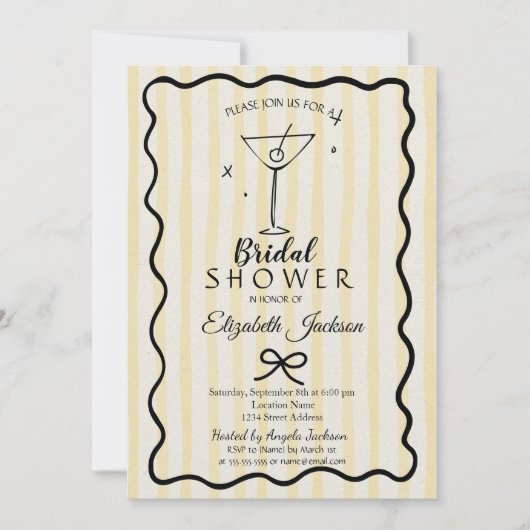 Hand-Drawn Martini Yellow Striped Bridal Shower  Kaart (Voorkant)