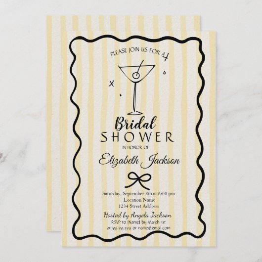Hand-Drawn Martini Yellow Striped Bridal Shower  Kaart (Voorkant / Achterkant)