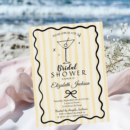 Hand-Drawn Martini Yellow Striped Bridal Shower  Kaart