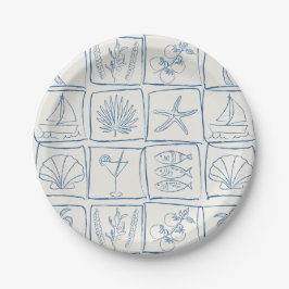 Hand-Drawn Mediterranean Coastal Tile Linen Cobalt Papieren Bordje