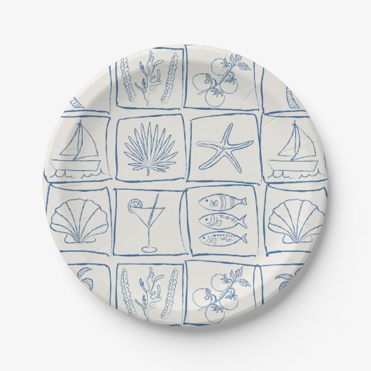 Hand-Drawn Mediterranean Coastal Tile Linen Cobalt Papieren Bordje (Voorkant)