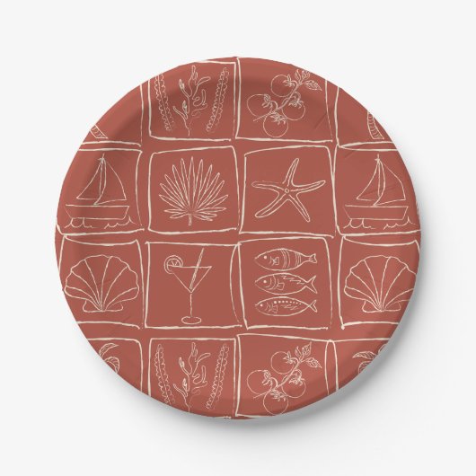Hand-Drawn Mediterranean Coastal Tile Terracotta Papieren Bordje (Voorkant)
