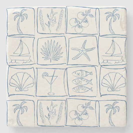 Hand-Drawn Mediterranean Faux Tile Linen Cobalt Stenen Onderzetter (Voorkant)