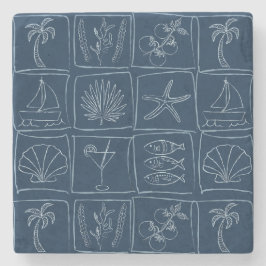 Hand-Drawn Mediterranean Faux Tile Nautical Navy Stenen Onderzetter