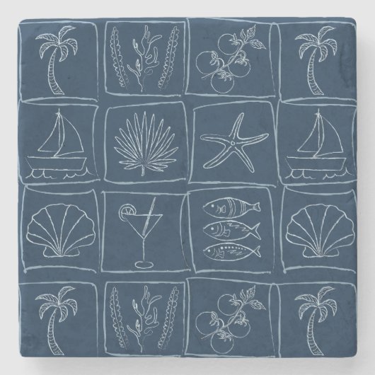 Hand-Drawn Mediterranean Faux Tile Nautical Navy Stenen Onderzetter (Voorkant)