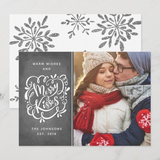 Hand Drawn Merry Kisses Typografie Kerstfoto Feestdagenkaart (Voorkant / Achterkant)
