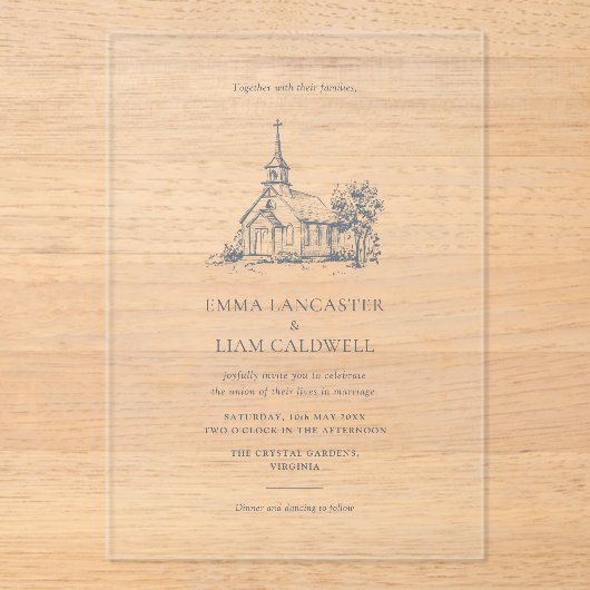 Hand Drawn Minimalist Church Venue, Wedding Acryl Uitnodigingen (Voorkant)