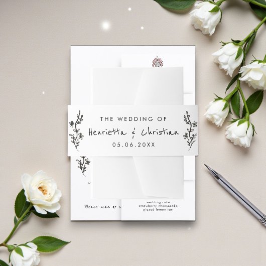 Hand Drawn Minimalist Floral Black White wedding Uitnodigingen Wikkel