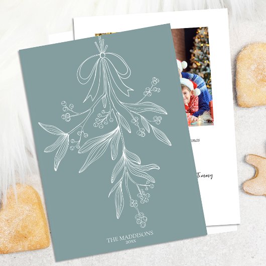 Hand Drawn Mistletoe & Bow Christmas Dusty Green Feestdagenkaart