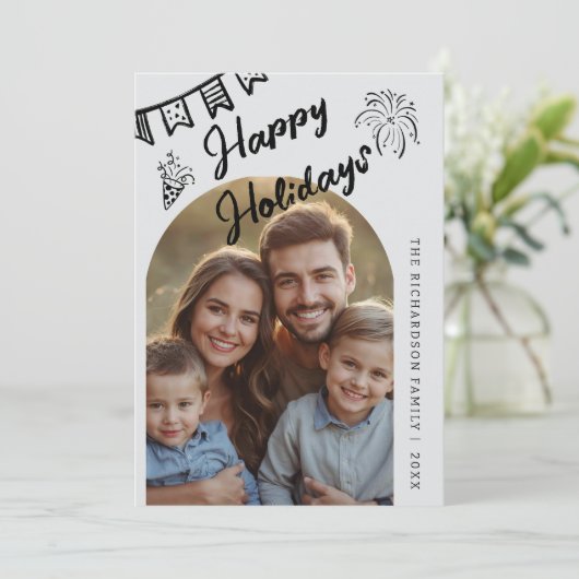 Hand Drawn Modern Happy Holidays Arch Photo Feestdagenkaart (Staand voorkant)