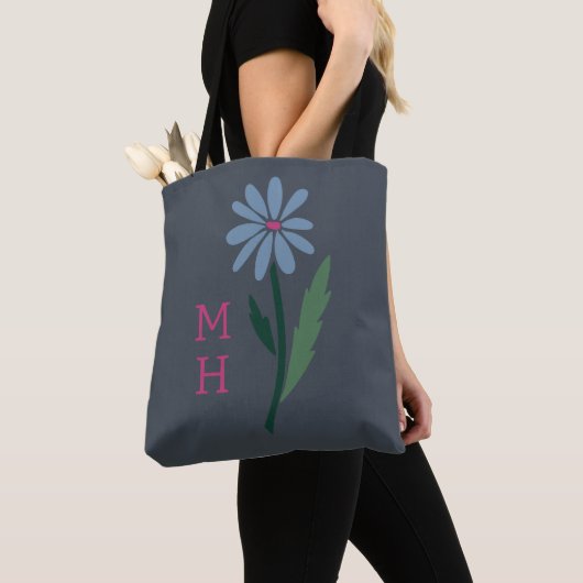 Hand Drawn Moody Boho Blue Floral Monogram Gray Tote Bag (Dichtbij)