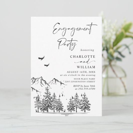 Hand Drawn Mountains Forest Engagement Party Kaart (Staand voorkant)