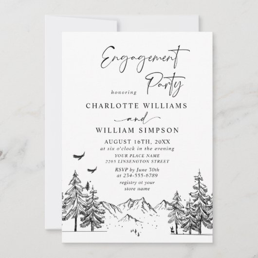 Hand Drawn Mountains Forest Engagement Party Kaart (Voorkant)