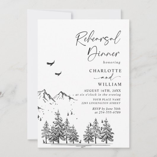 Hand Drawn Mountains Forest Rehearsal Dinner Kaart (Voorkant)
