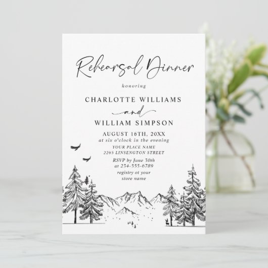 Hand Drawn Mountains Forest Rehearsal Dinner Kaart (Staand voorkant)