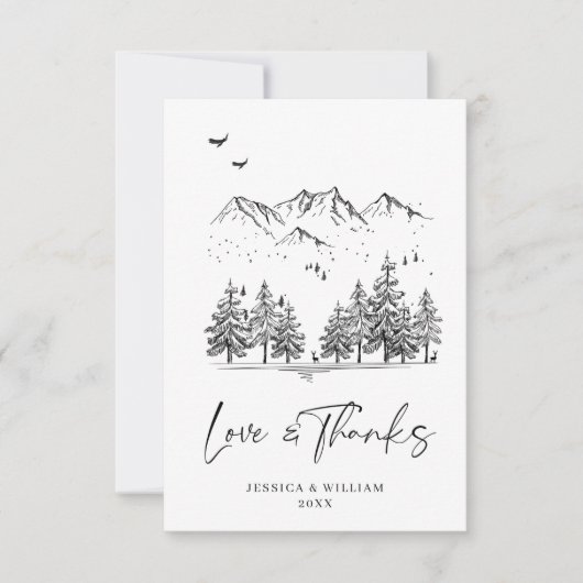Hand Drawn Mountains Forest Wedding Bedankkaart (Voorkant)