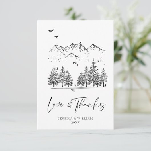Hand Drawn Mountains Forest Wedding Bedankkaart (Staand voorkant)