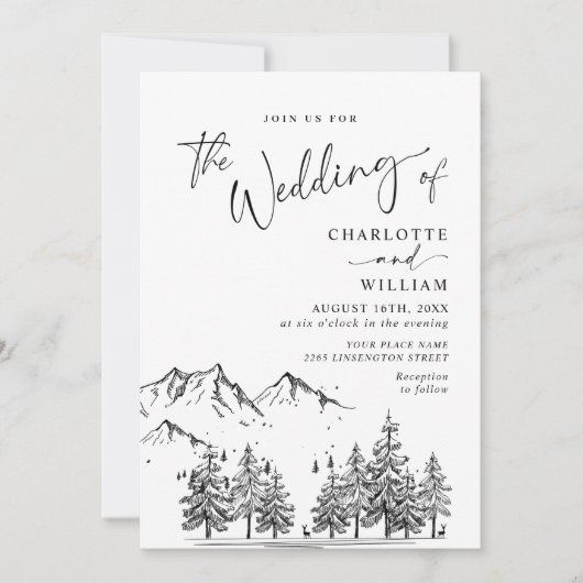 Hand Drawn Mountains Forest Wedding Kaart (Voorkant)