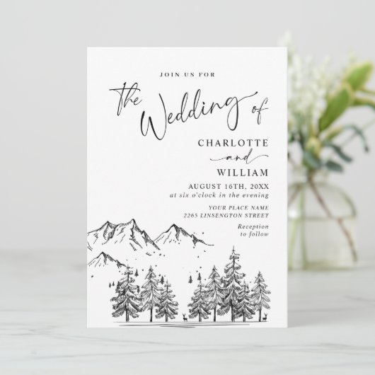 Hand Drawn Mountains Forest Wedding Kaart (Staand voorkant)