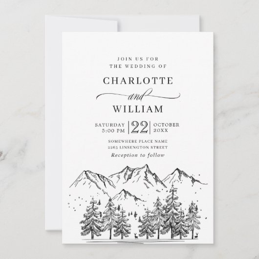Hand Drawn Mountains Forest Wedding Kaart (Voorkant)