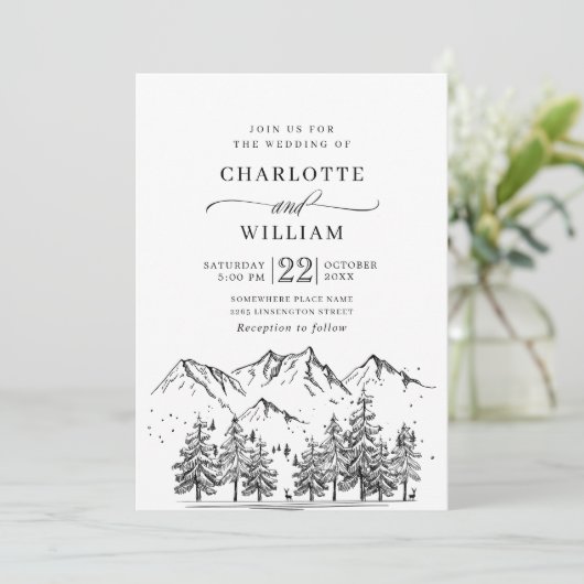 Hand Drawn Mountains Forest Wedding Kaart (Staand voorkant)