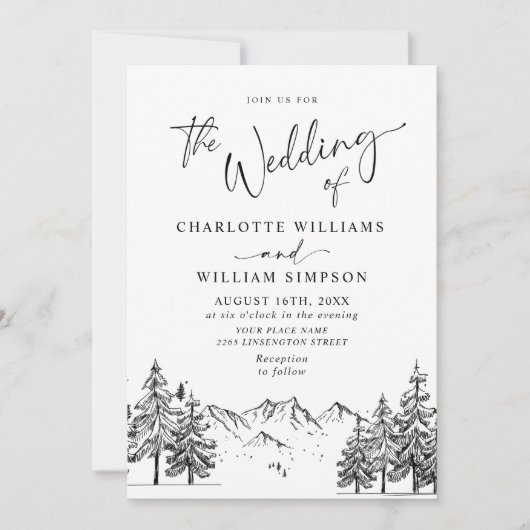 Hand Drawn Mountains Forest Wedding Kaart (Voorkant)