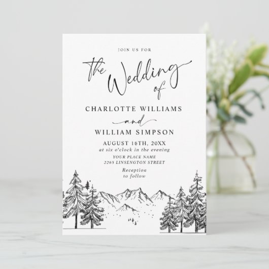 Hand Drawn Mountains Forest Wedding Kaart (Staand voorkant)