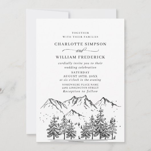 Hand Drawn Mountains Forest Wedding Kaart (Voorkant)