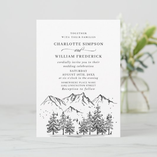 Hand Drawn Mountains Forest Wedding Kaart (Staand voorkant)